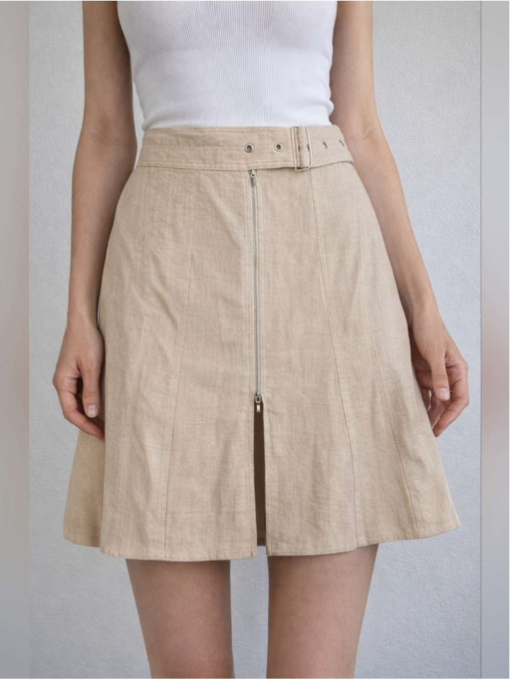 Lida Baday 100% Linen Skirt Size 10 Beige A-Line Belted Mini Skirt